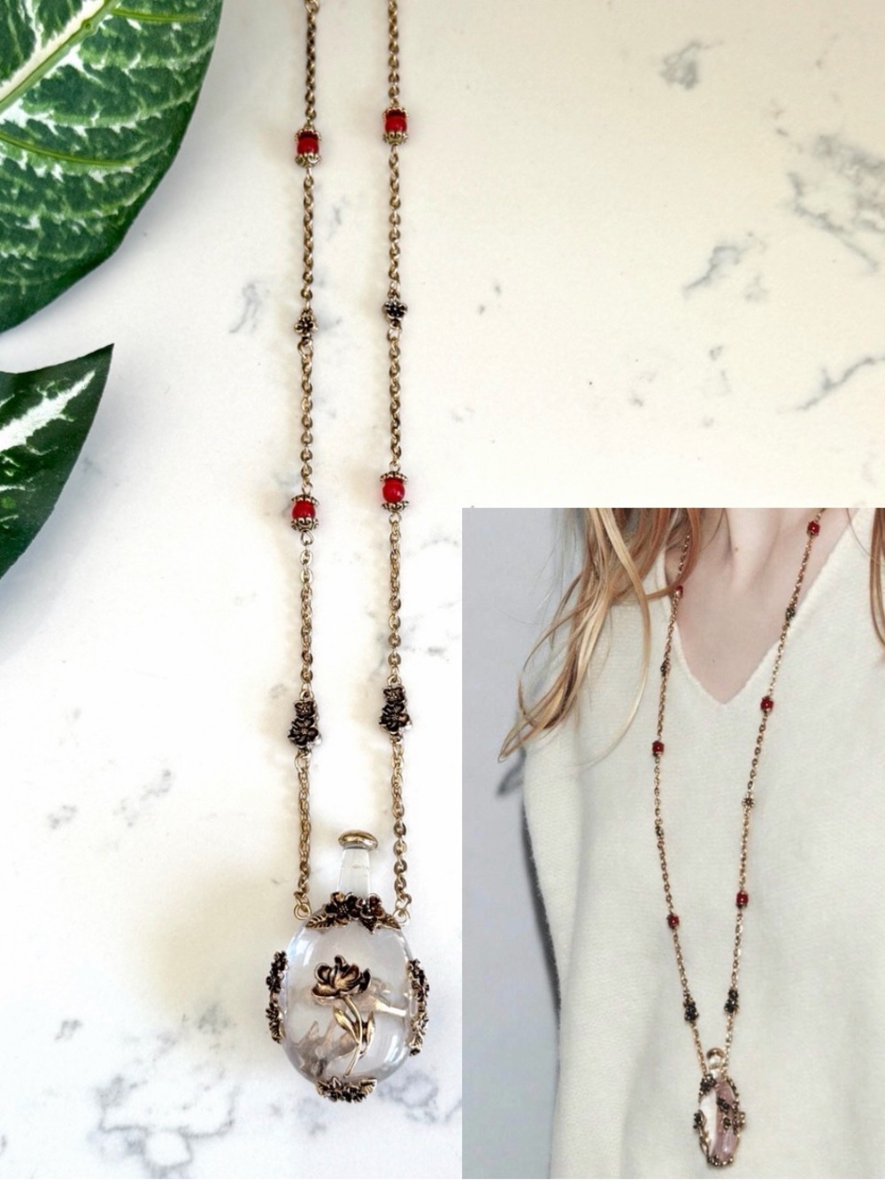 Apothecary Tiny Bottle Floral Motif Gold Necklace Long Jewelry Red Bead Gift NEW - Picture 1 of 12